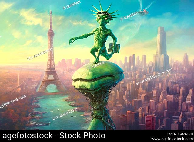 A Gelatinous alien creature with glowing antennae, riding a unicycle of Earth's famous landmarks alien character illustration generative ai