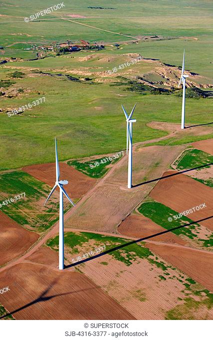 An aerial view of wind turbines at the Cedar Creek Wind Farm, near Grover, Colorado