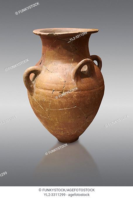 Hittite terra cotta four handled pot. Hittite Empire, Alaca Hoyuk, 1450 - 1200 BC. Alaca Hoyuk. Çorum Archaeological Museum, Corum, Turkey