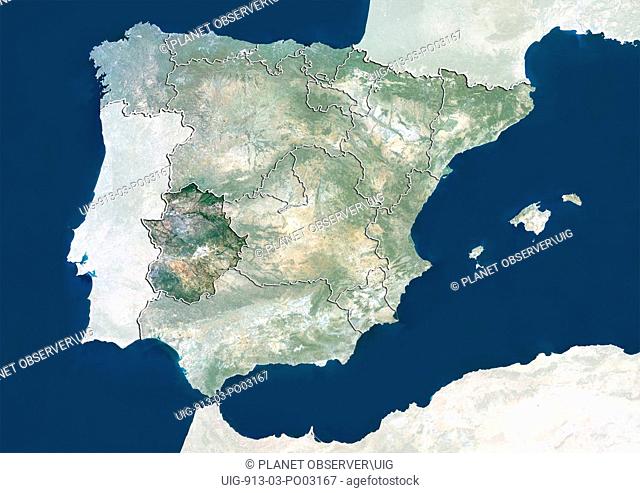 Satellite view of Spain showing the region of Extremadura. This image was compiled from data acquired by LANDSAT 5 & 7 satellites