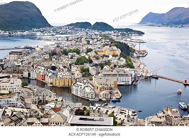High-angle view of Alesund and surrounding islands from the Fjellstua lookout on top of Mount Aksla, Alesund, Norway