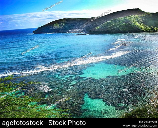 Coral Reefs Snorkling Swimmers Hanamu Bay Oahu Hawaii Snorkeling in Hanamu Bay