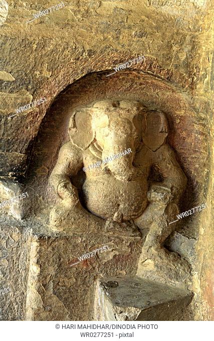 Cave cut into sandstone hill 5 kms from vidish gupta shrines no 6 showing different gods on walls outside door frame , Udaygiri near Bhopal , Madhya Pradesh
