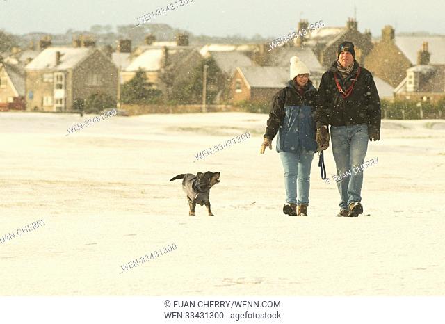 Northern Scotland is hit by snow fall and below freezing temperatures as snow arrives as far south as Montrose Featuring: Montrose Golf course Where: Montrose