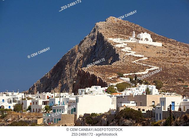 Panagia Kimissis church situated at the cliff in Hora, Folegandros, Cyclades Islands, Greek Islands, Greece, Europe