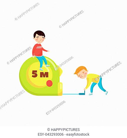 Cute boys using giant measuring tape, preschool activities and early childhood education cartoon vector Illustration isolated on a white background