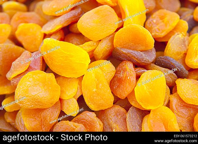 Orejones of dried apricots. Displayed at street market stall