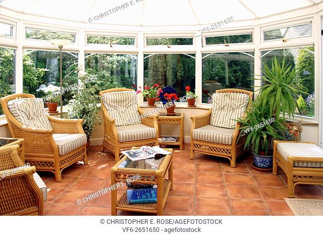 UK property, house interior, conservatory garden room. For Editorial Use Only