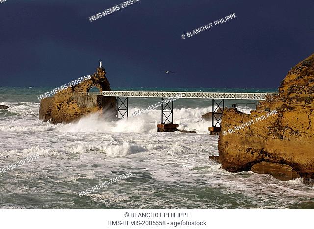 France, Pyrenees Atlantiques, Basque Country, Biarritz, Blessed Virgin statue in stormy weather