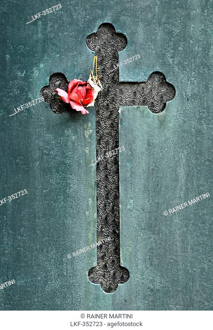 Detail of a tombstone at the cemetery Cemiterio dos Prazeres, Lisbon, Portugal, Europe