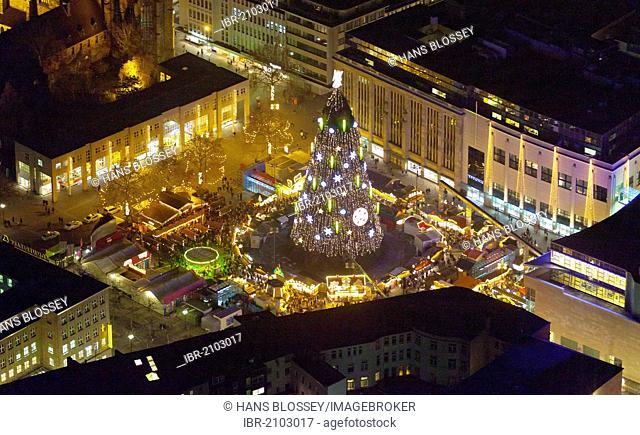 Aerial view, night view, Christmas tree, Hansaplatz square, town centre, Dortmund, Ruhr Area, North Rhine-Westphalia, Germany, Europe