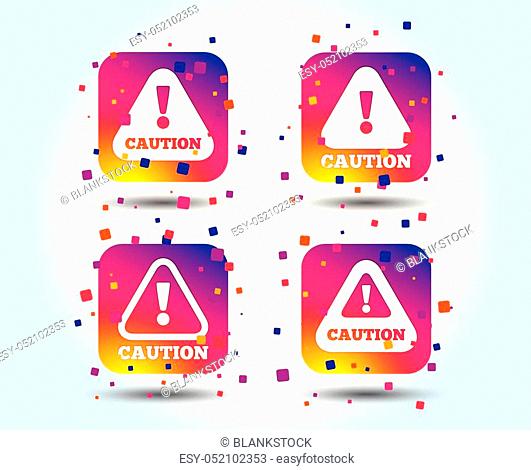 Attention caution icons. Hazard warning symbols. Exclamation sign. Colour gradient square buttons. Flat design concept. Vector