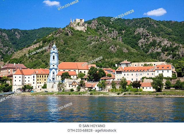 View of Durnstein Church from Danube River, Wachau Valley, Austria, Europe