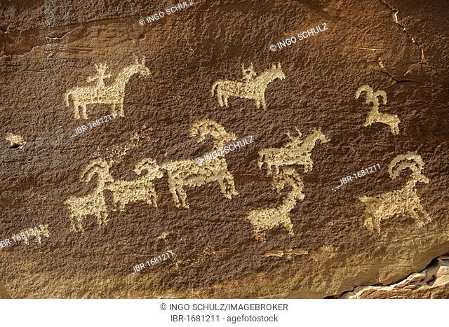Petroglyphs of the native Americans, about 1500 years old, near Wolf Ranch, Arches National Park, Utah, USA
