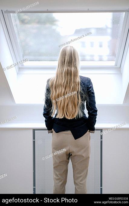 Rear view of young businesswoman looking out of window