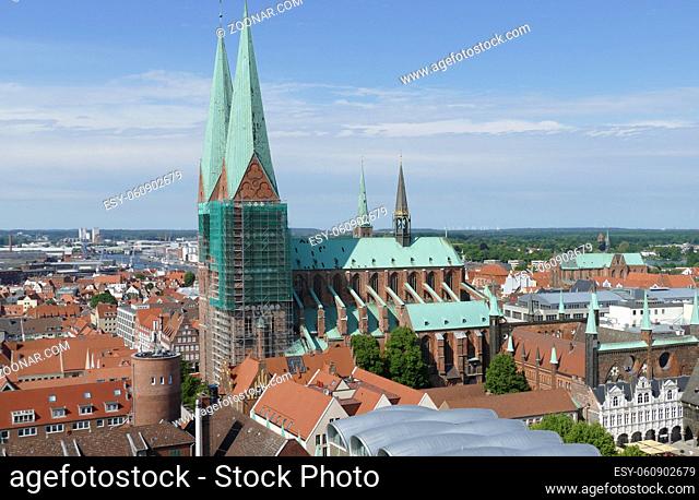 Aerial view of the Hanseatic City of Lübeck, a city in Northern Germany