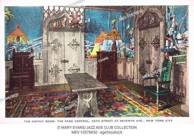 The Gothic Room in the Park Central Hotel at 55th Street and 7th Avenue, New York, 1930s. Friezes of Crusaders, valuable period pieces and wood carvings