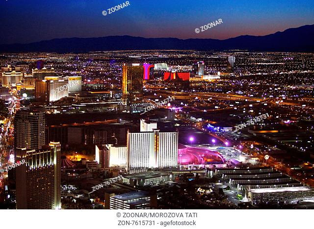 Las Vegas, Nevada, USA - September 20, 2011: Aerial panoramic view of Las Vegas at dusk, looking south toward the strip from downtown