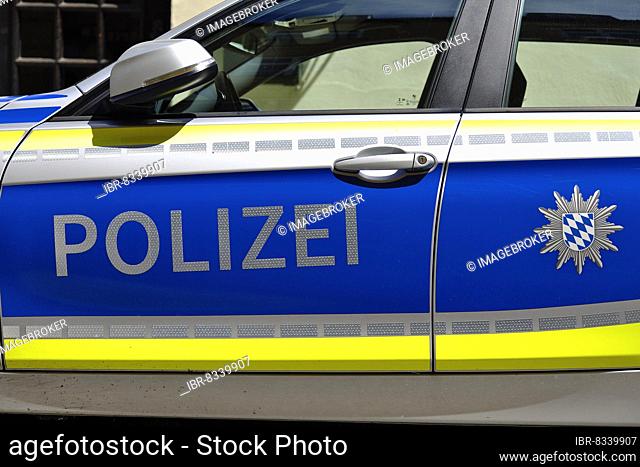 Police car, police lettering on an emergency vehicle, Munich, Bavaria, Germany, Europe