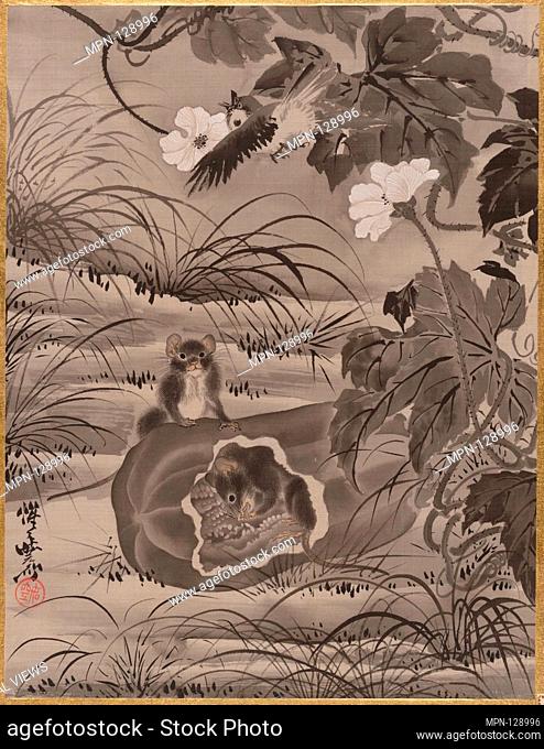 ç“œã«é¼ å›³. Artist: Kawanabe Kyosai (Japanese, 1831-1889); Period: Meiji period (1868-1912); Date: ca. 1887; Culture: Japan; Medium: Album leaf; ink and color...