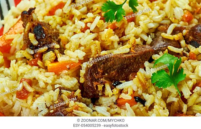 Turkmen Pilaf cuisine , Traditional assorted dishes, Top view