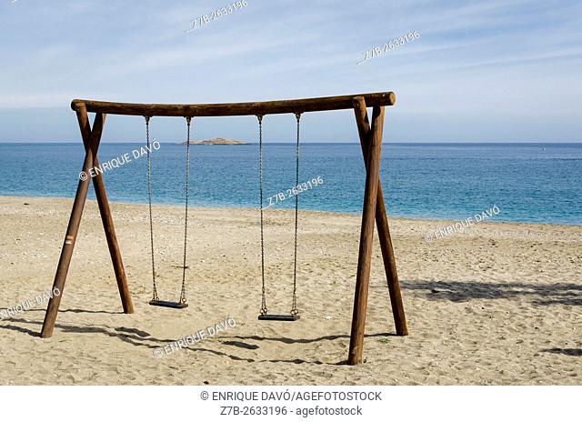 A swing view on Carboneras beach, Almería province, Spain