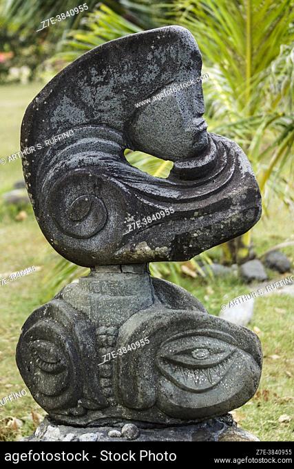 Stone sculpture at Temehea Site (Site de Temehea/Temehea Tohua). Site rebuilt in 1989 to commemorate the Second Art Festival of the Marquesas Islands