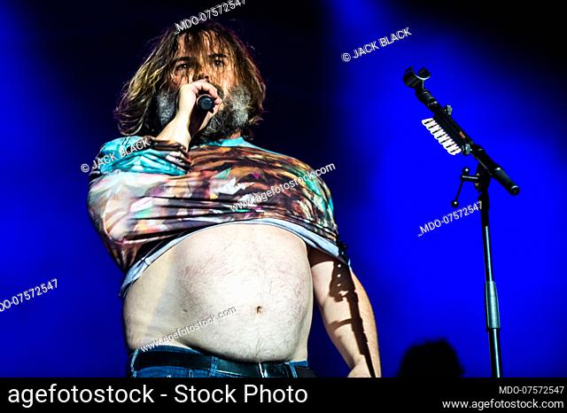 American band Tenacious D formed by american actor and singer Jack Black and musician Kyle Gass performs live on stage in Milan