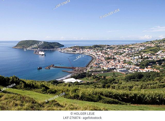 View over the city and Horta Harbour, Horta, Faial Island, Azores, Portugal, Europe