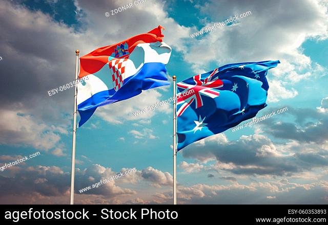 Beautiful national state flags of Australia and Croatia together at the sky background. 3D artwork concept