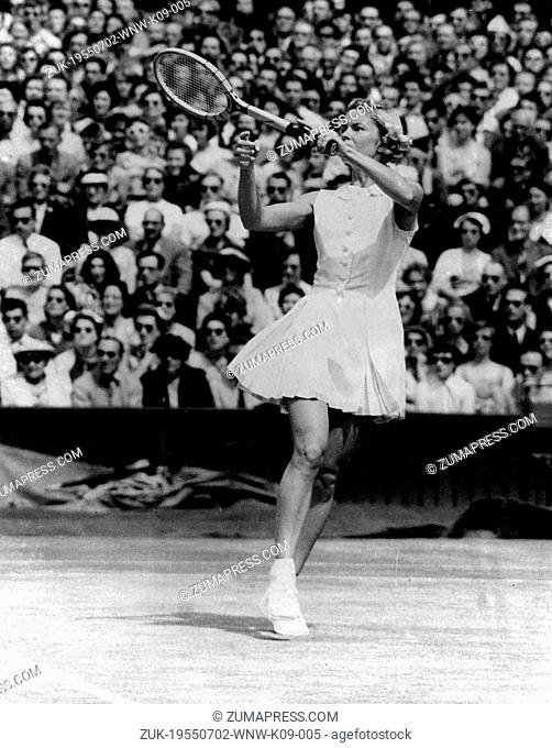 July 2, 1955 - London, England, U.K. - Tennis player BEVERLY BAKER FLEITZ, born March 13, 1930, in action at the Ladies Singles at Wimbledon during her match...