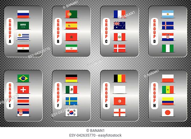 Football World championship groups. Vector country flags. 2018 soccer world tournament in Russia. World football cup. Nations flags info graphic