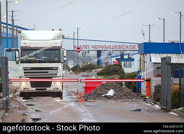 RUSSIA, CHERNYSHEVSKOYE - DECEMBER 16, 2023: A semi-trailer is seen at the Chernyshevskoye checkpoint on the Russian-Lithuanian border