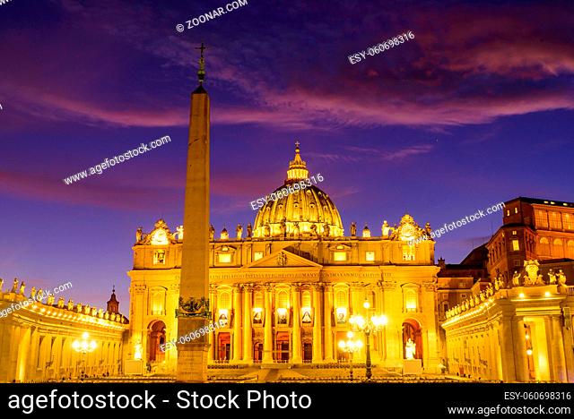 Sunset view of St. Peter's Basilica in Vatican City, the largest church in the world