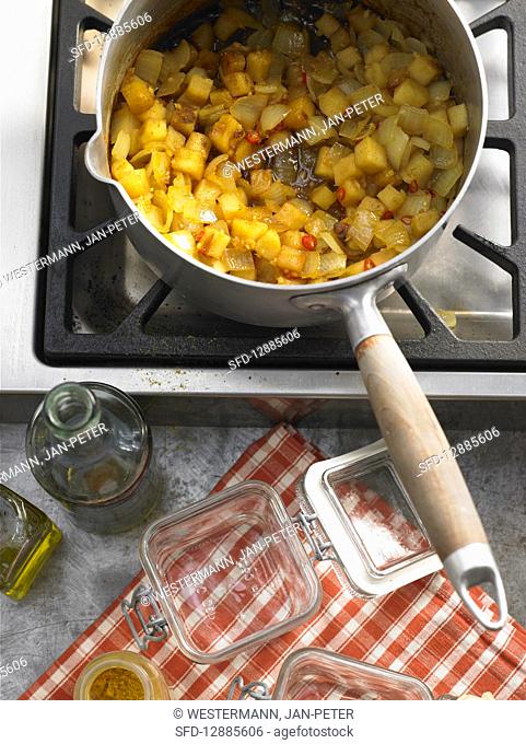 Apple chutney in a saucepan