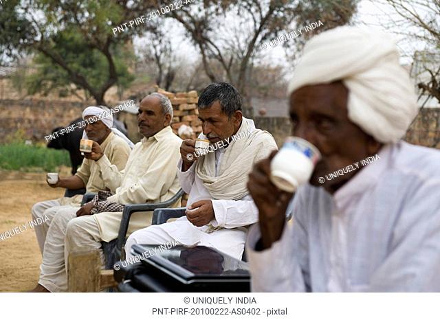 Four rural men drinking tea in a village, Hasanpur, Haryana, India