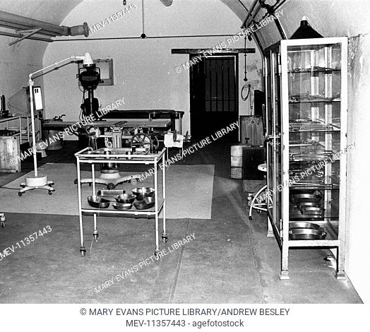 Operating theatre in a WW2 German hospital, Jersey, Channel Islands. It was an underground hospital, built in the cliffs by Polish prisoners and used for the...