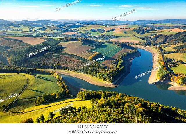 Aerial view, Hennesee, low water, lack of water, Meschede (Sauerland), Sauerland, North Rhine-Westphalia, Germany