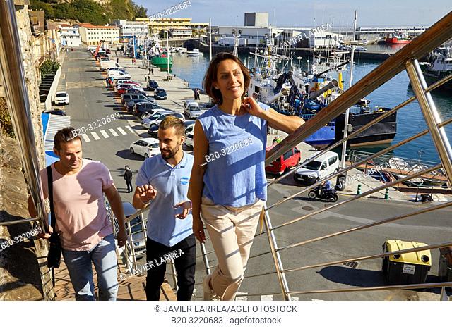 Guide with tourists, Tour, Port, Getaria, Basque Country, Spain, Europe