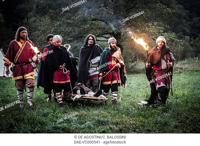 Langobard funeral procession. Northern Italy, 6th century. Historical reenactment