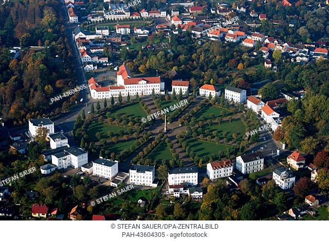 The round square called 'Circus' in the city center of Putbus on Ruegen island is bordered by landmarked houses, photographed in Putbus, Germany