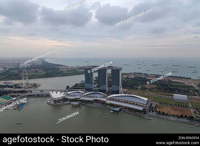 Singapore, Singapore - February 03, 2015: Aerial view of the Marina Bay Sands hotel