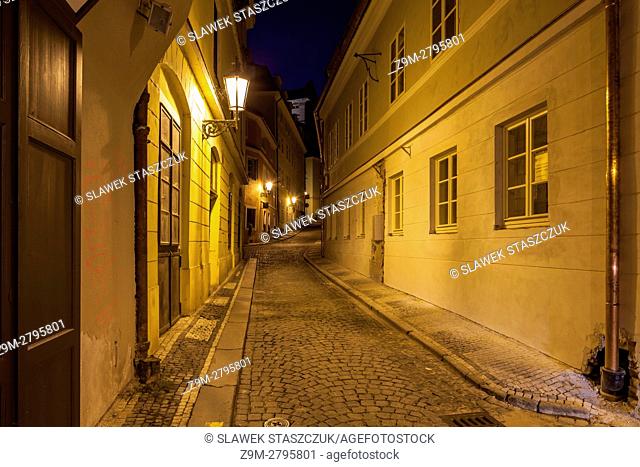 Night falls on a narrow street in Mala Strana, Prague, Czech Republic