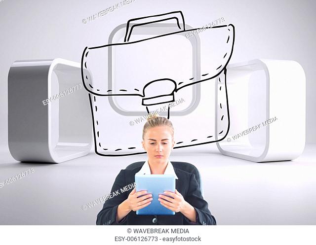 Composite image of front view of concentrated chic businesswoman using her tablet