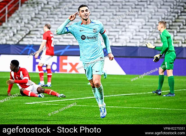 Barcelona's Ferran Torres celebrates after scoring during a game between Belgian soccer team Royal Antwerp FC and Spanish club FC Barcelona, in Antwerp