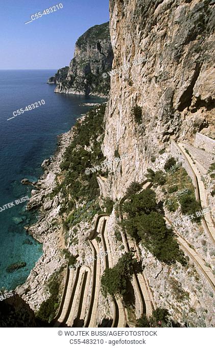 Coast and Via Krupp from Gardens of Augustus, Capri island. Campania, Italy