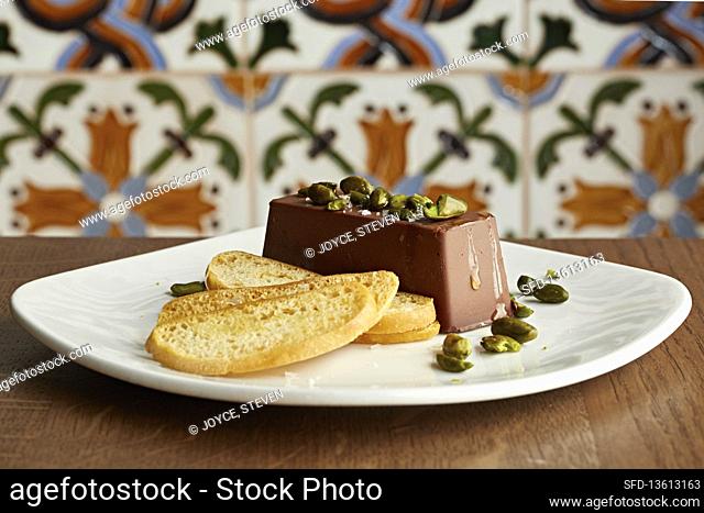 A chocolate and pistachio dessert