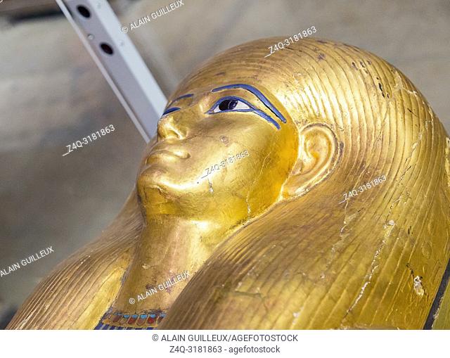 Egypt, Cairo, Egyptian Museum, from the tomb of Yuya and Thuya in Luxor : Head of the mummy-shaped inner coffin of Yuya