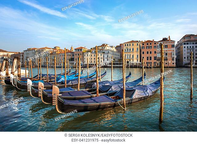 Gondolas and architecture in Venice at sunset, Italy