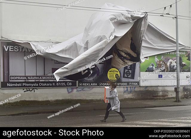 A demolished advertising sail after storm Ciara (Sabine) is seen on Monday, February 10, 2020, in Budweis, Czech Republic. (CTK Photo/Vaclav Pancer)